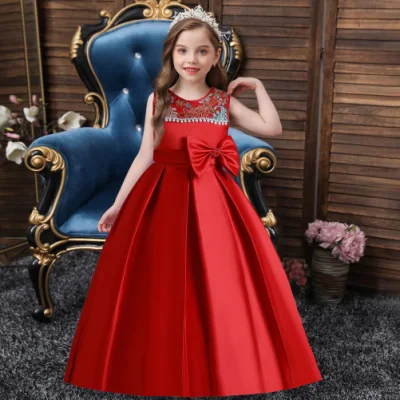 New Children′s Princess Style Clothing Girl′s Bow Embroidery Beaded Wear Stage Performance Dress