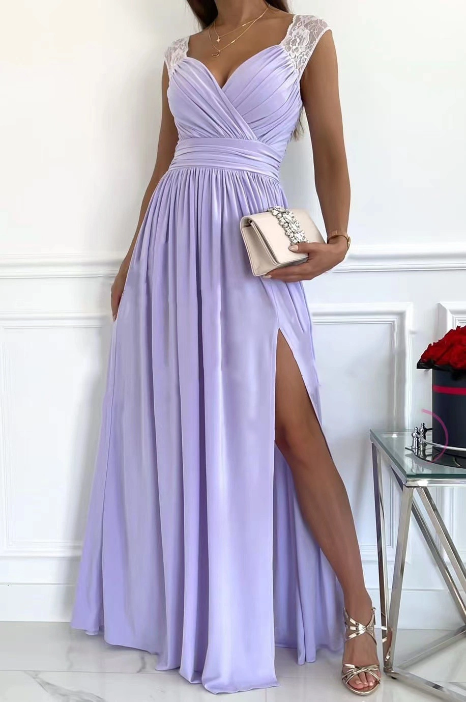 Fashion Slim Backlless Open Fork Hem Dresses Ladies Formal Elegant V Neck Sleeveless Maxi Dress