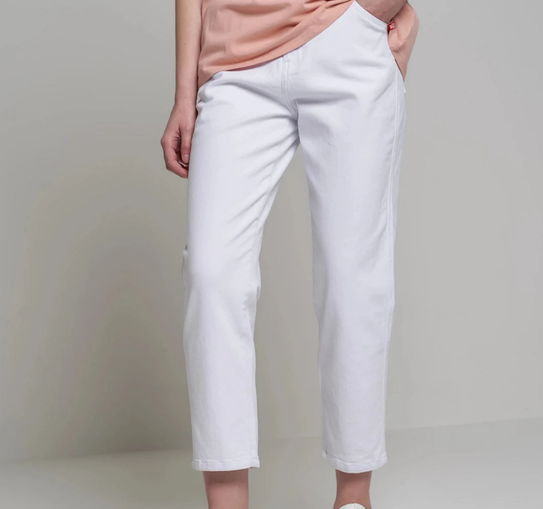 Ladies White Color Twill Pants Straight Leg High Rise Cotton and Elastane Women&prime; S Trousers