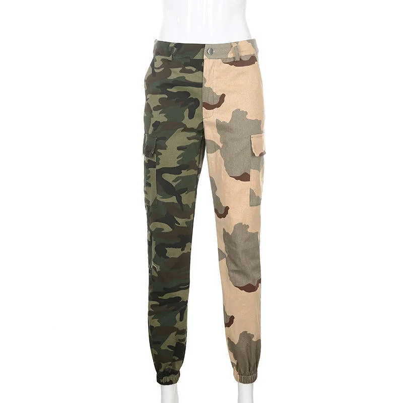 Casual Patchwork Camouflage Cargo Pants Women High Waist Sweat Pants Joggers Women Summer Pockets Camo Pants Ladies Trousers