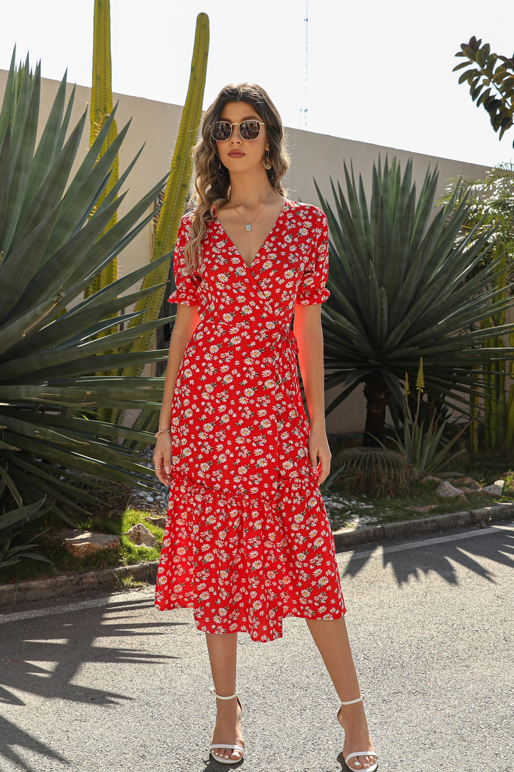 2023 European and American Women&prime;s Summer New Sexy V-Neck Bohemian Beach Skirt Printed Commuter Chiffon Dress