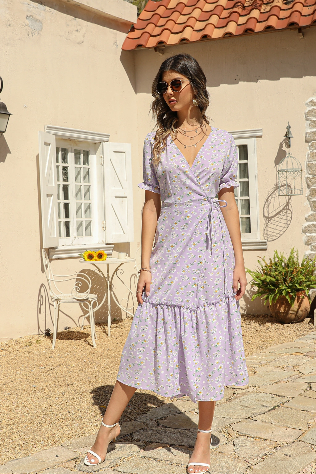 2023 European and American Women&prime;s Summer New Sexy V-Neck Bohemian Beach Skirt Printed Commuter Chiffon Dress