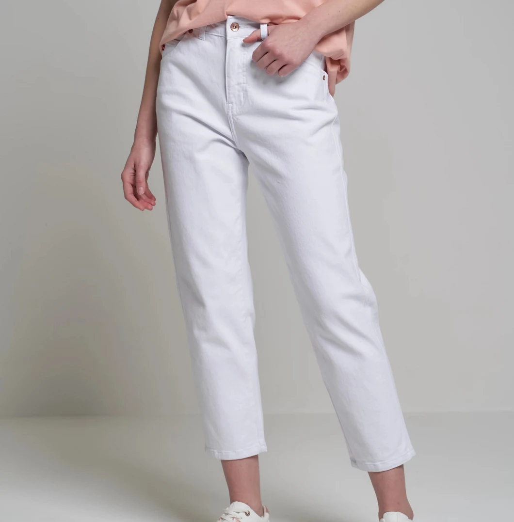 Ladies White Color Twill Pants Straight Leg High Rise Cotton and Elastane Women&prime; S Trousers