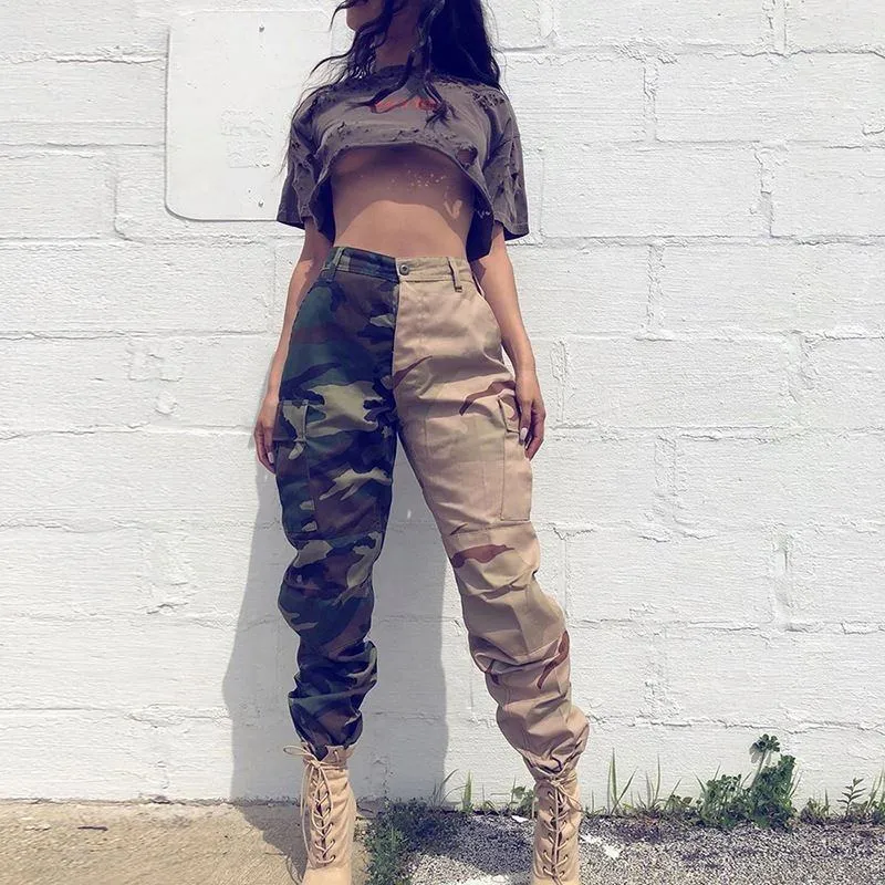 Casual Patchwork Camouflage Cargo Pants Women High Waist Sweat Pants Joggers Women Summer Pockets Camo Pants Ladies Trousers