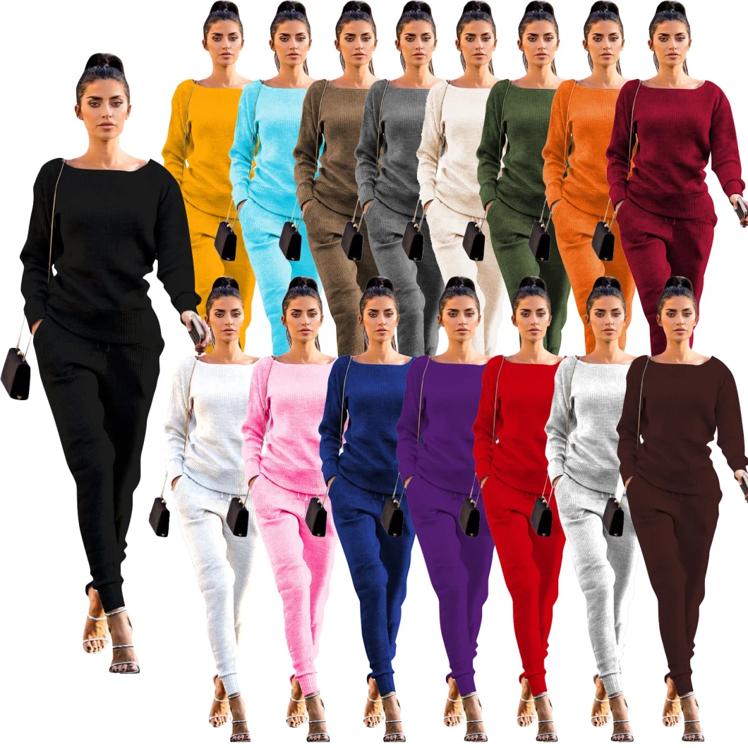 Womens Fall Rib-Knit Pullover Sweater Top &amp; Long Pants Set 2 Piece Outfits Tracksuit